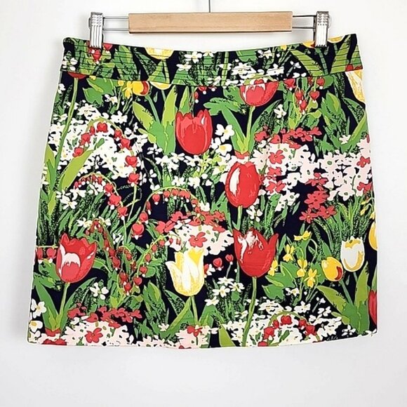 Tory Burch Skirt Multi Color Tulip Print Lined Mini Skirt Front Pockets Size 8 - Picture 2 of 16